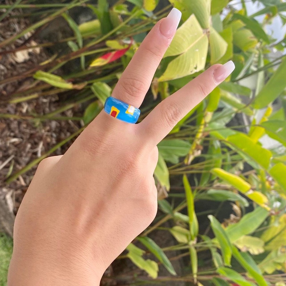 Retro Kawaii Bright Blue, Yellow and Red Statement Ring